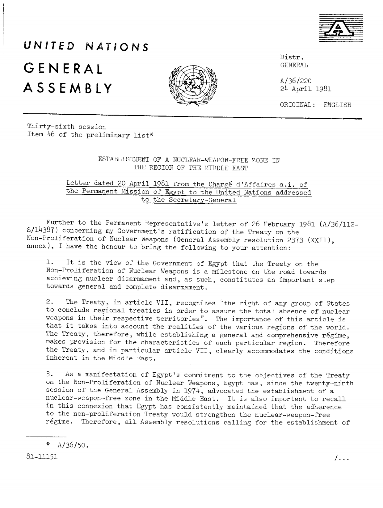 Egypt Letter To The Un Secretary General On Preparing A Study To Explore The Modalities For Establishing A Nwfz In The Middle East Unidir