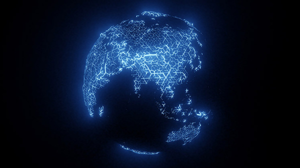A representation of the earth in neon blue outlines 
