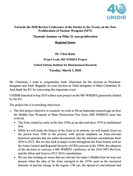 Towards the 2020 Review Conference of the Parties to the Treaty on the Non- Proliferation of Nuclear Weapons (NPT)
