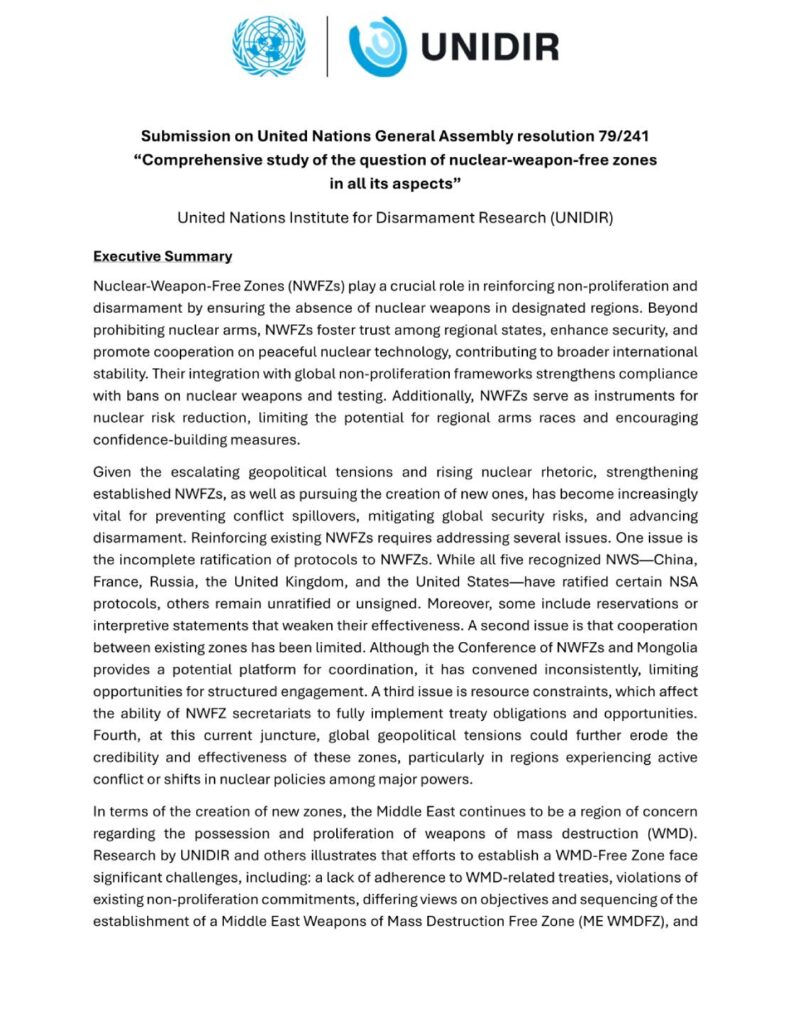 Submission on United Nations General Assembly Resolution 79/241“Comprehensive Study of the Question of Nuclear-Weapon-Free Zones in all its Aspects”
