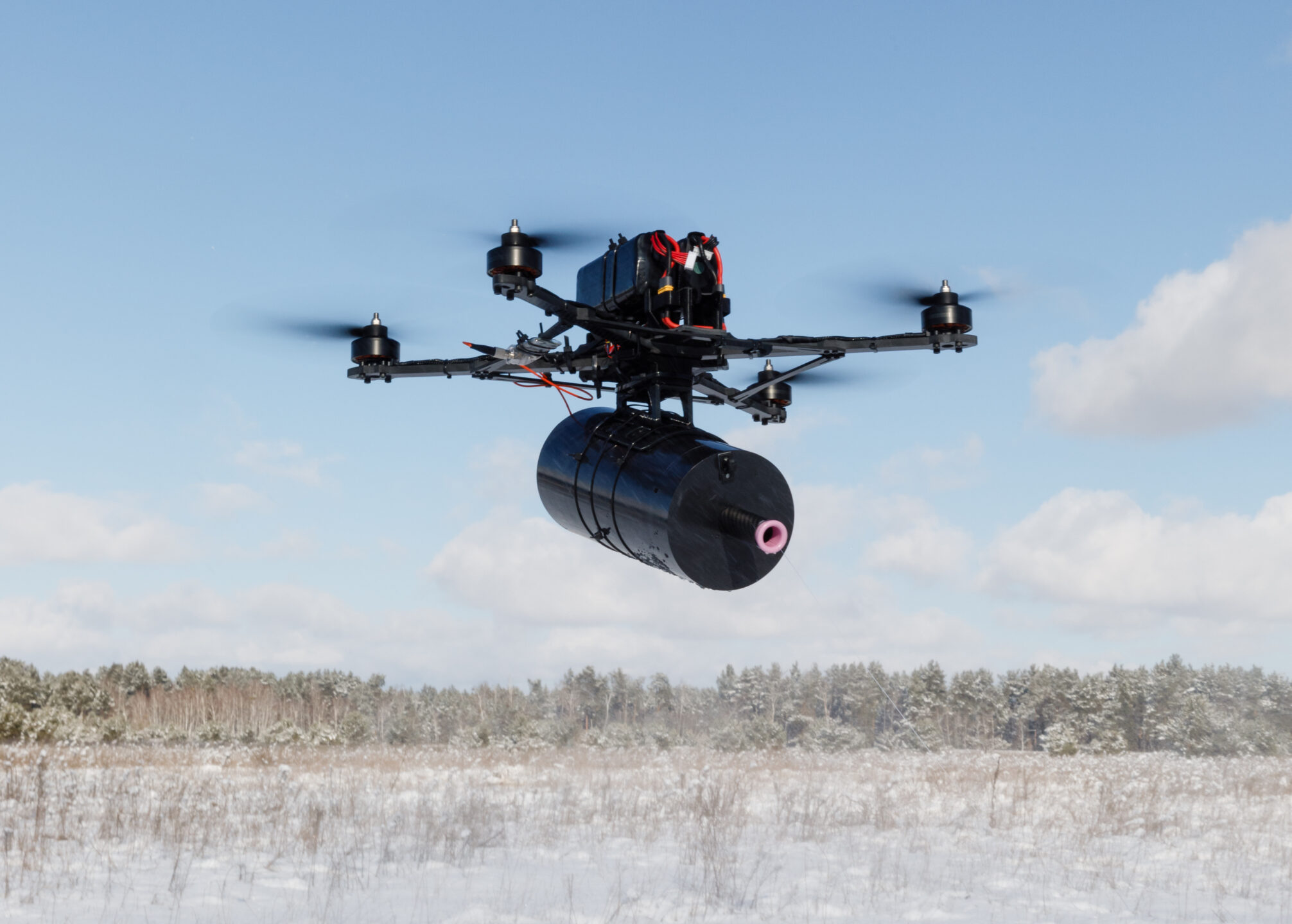 Drone controlled via fibre optics during a test flight.
